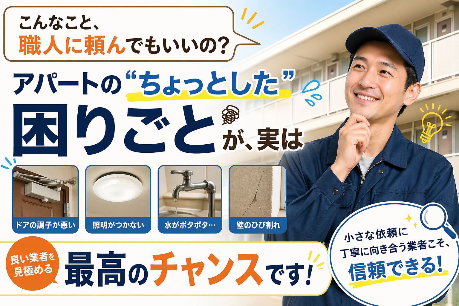 「こんなこと、職人に頼んでもいいの?」アパートの“ちょっとした”困りごとが、実は「良い業者」を見極める最高のチャンスです!